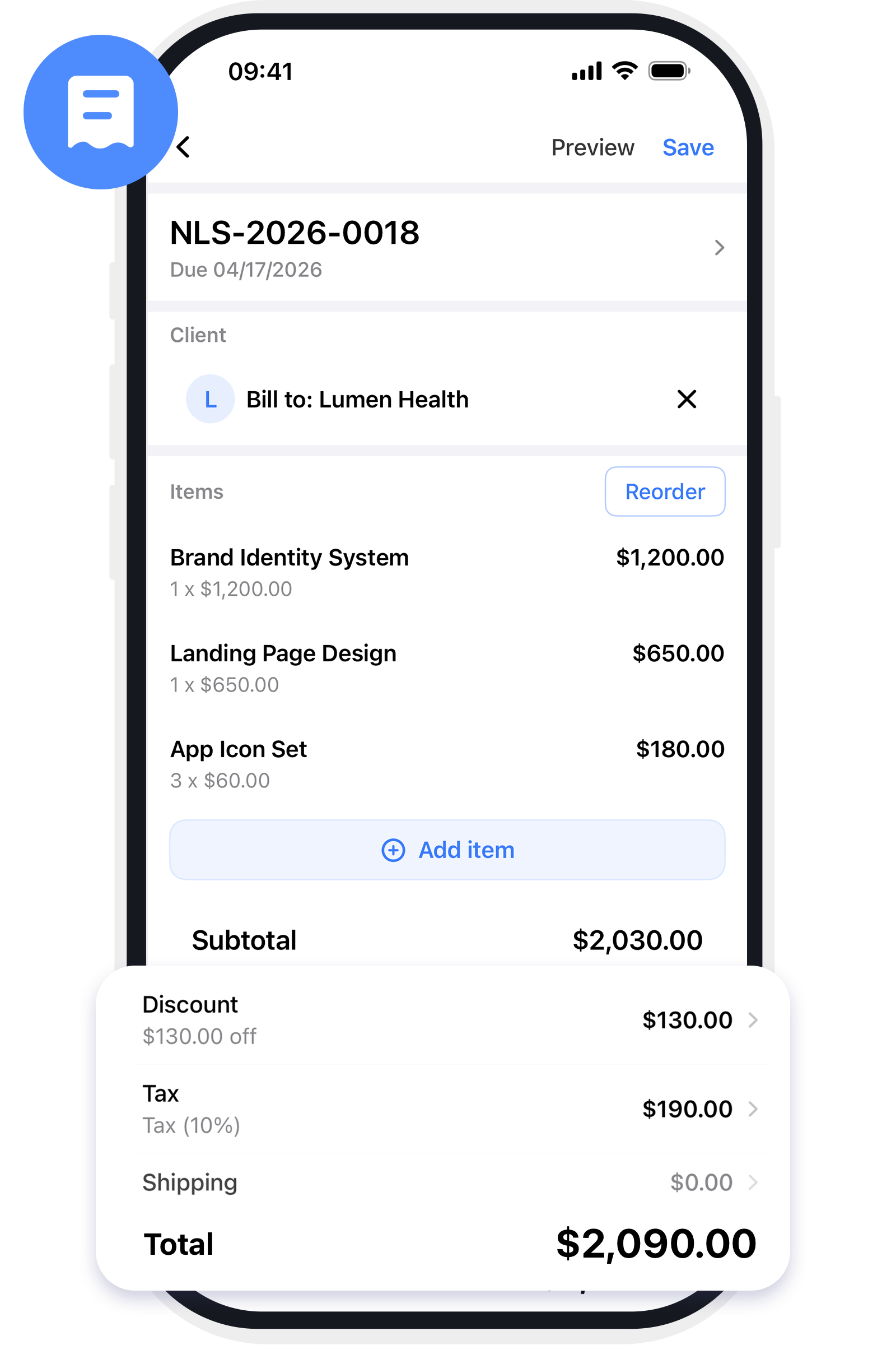 Invoice Maker invoice editing screen