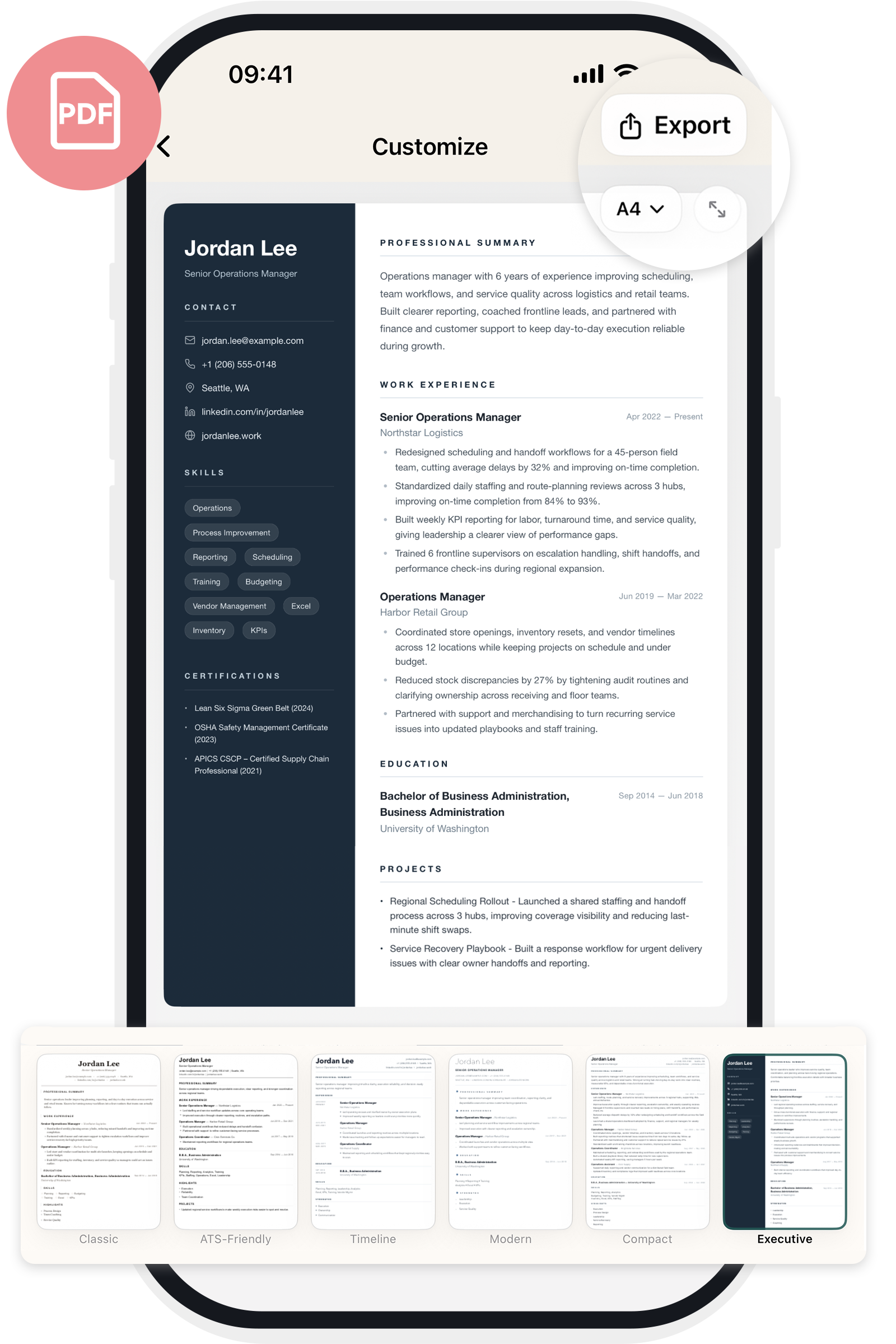 Resuvo template selection and preview screen